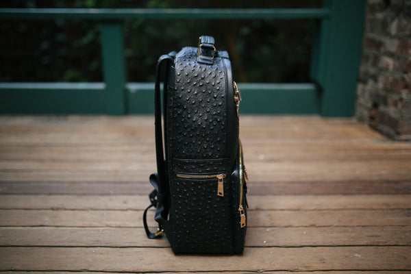 black and gold leather backpack large Prime Society Crown Collection with Hardware Color:Real Gold Nago (CGO0564) PLUSINNO Fishing Rod and OEM1-19.28 zipper pocket inside